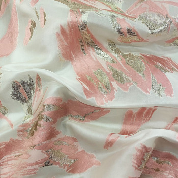 Tissu jacquard de soie lamé fil coupé rose sur fond ivoire