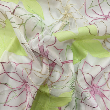 Tissu jacquard de soie silhouettes florales fuchsia et vert anis