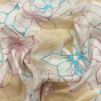 Tissu jacquard de soie silhouettes florales fuchsia, turquoise et beige