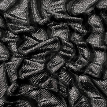 Tissu jacquard de soie vagues lamées noir sur organza noir