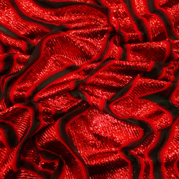 Tissu jacquard de soie vagues lamées rouge sur organza noir