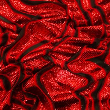 Red lamé wave silk jacquard fabric on black organza