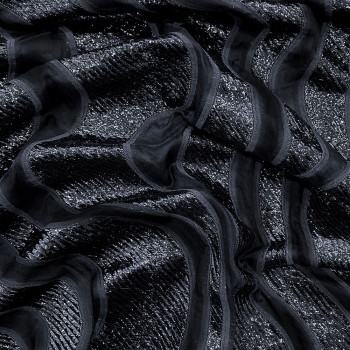 Tissu jacquard de soie vagues lamées bleu nuit sur organza noir