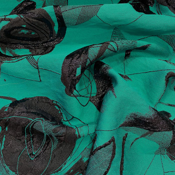 Tissu jacquard de soie géométrie florale noire sur fond turquoise