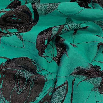 Black floral geometry on a turquoise background silk jacquard fabric