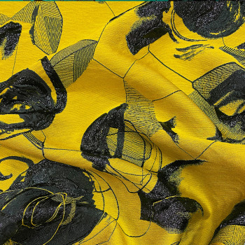 Tissu jacquard de soie géométrie florale noire sur fond jaune