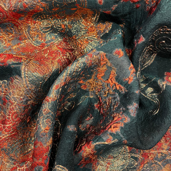 Tissu jacquard de soie paisley indien orange sur fond bleu canard foncé