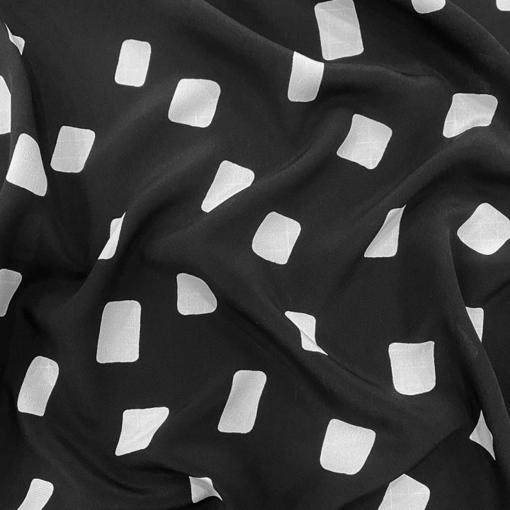 White squares on black background 100% silk crepe de Chine fabric