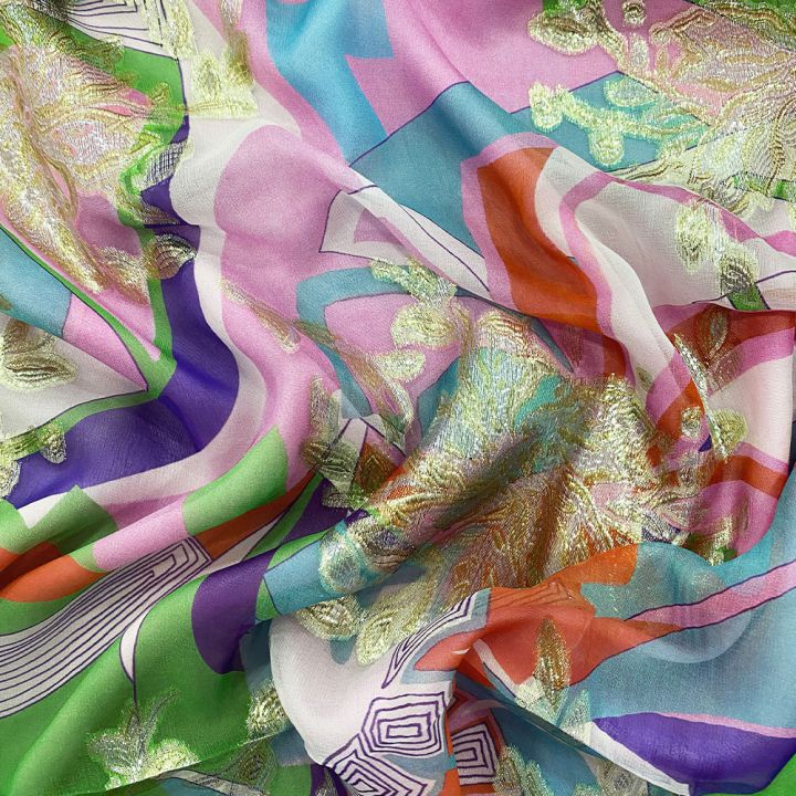 Jacquard de soie métal aquarelle géométrique rose/vert sur fond mousseline