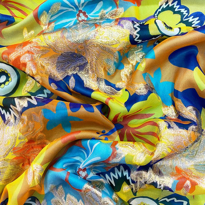 Metallic silk gold jacquard funk floral yellow/purple on a chiffon background