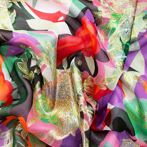 Metallic silk gold jacquard abstract floral watercolor on a chiffon background