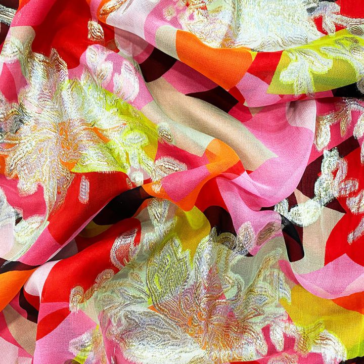 Metallic silk gold jacquard abstract floral pink/yellow on a chiffon background