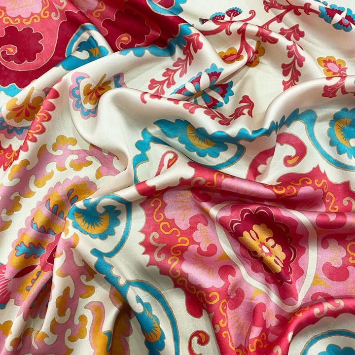 100% silk satin fabric with red and blue suzani print