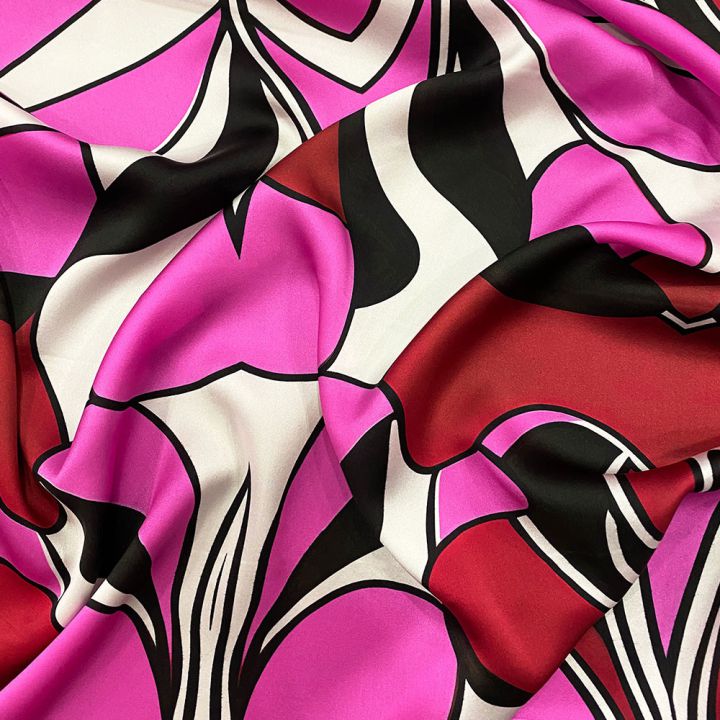 100% silk satin fabric printed with abstract fuchsia and burgundy hearts