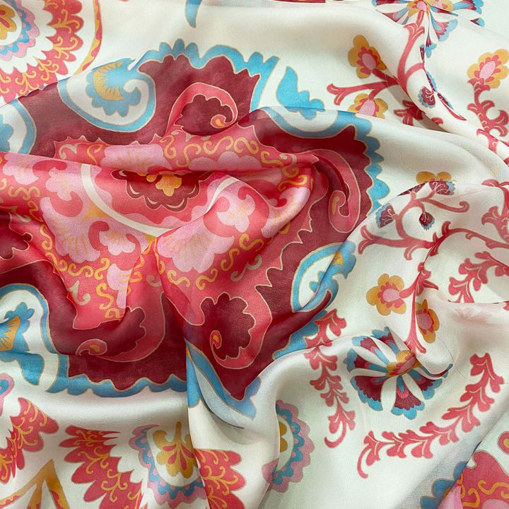 100% silk chiffon fabric with red and blue suzani print