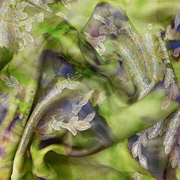 Jacquard de soie métal tie and dye vert/violet sur fond mousseline or (1,40 mètres)