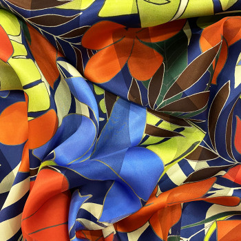 Printed floral jungle silk chiffon fabric with satin stripes