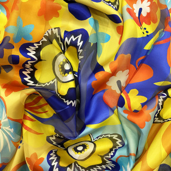 Yellow and orange floral spring-printed silk chiffon fabric with satin stripes