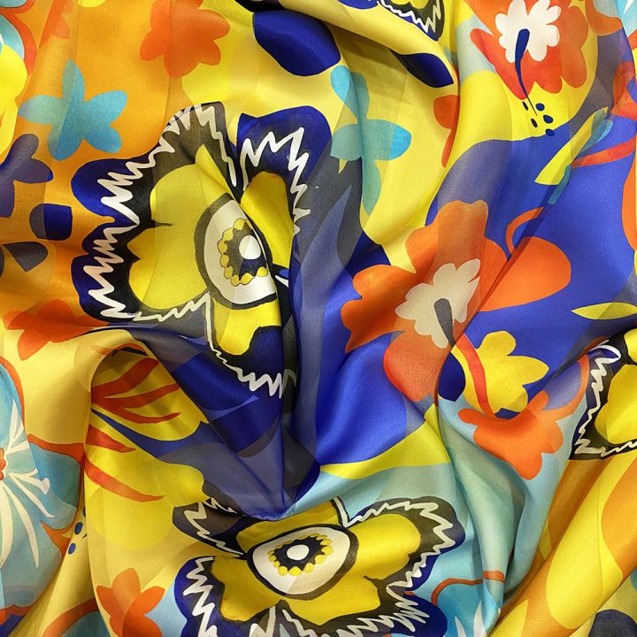 Yellow and orange floral spring-printed silk chiffon fabric with satin stripes