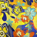 Yellow and orange floral spring-printed silk chiffon fabric with satin stripes Yellow and orange floral spring-printed silk chiffon fabric with satin stripes