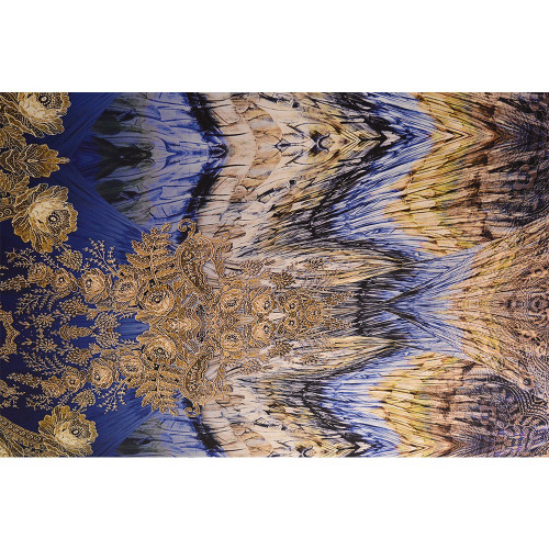 Purple gold feather printed silk satin fabric
