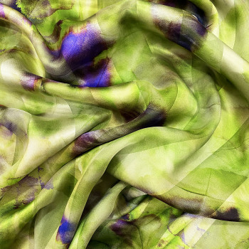 Green and purple tie and dye printed silk chiffon fabric with satin stripes