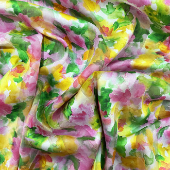Pink and green watercolor floral printed silk chiffon fabric with satin stripes