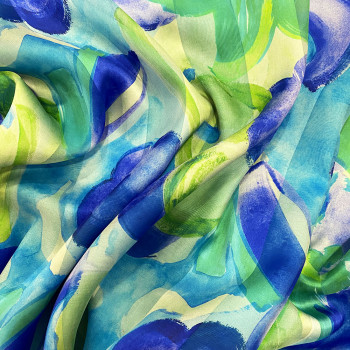 Blue and green watercolor floral printed silk chiffon fabric with satin stripes