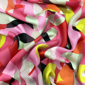 Pink spring cubist printed silk chiffon fabric with satin stripes