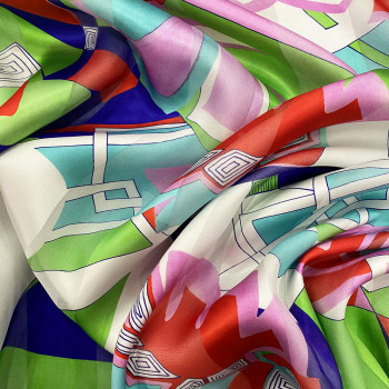 Pink and blue silk chiffon fabric with tribal spring-printed satin stripes