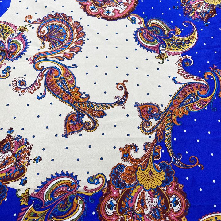 100% silk satin fabric with royal blue paisley print (1.90 meters)