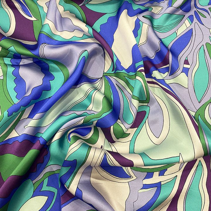 100% silk satin fabric with green and purple floral print (3.80 meters)