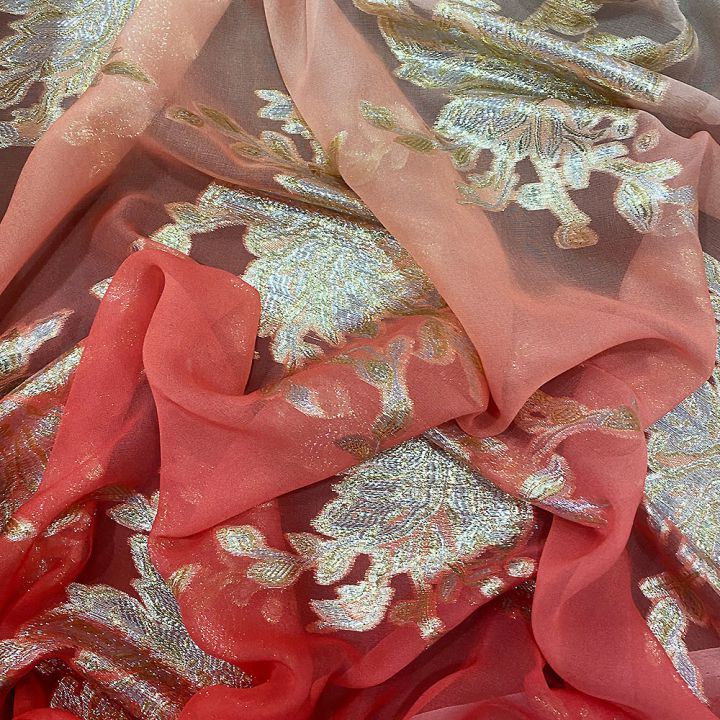 Metallic silk jacquard coral orange nude gradient on a gold chiffon background (2.30 meters)