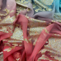 Metallic silk jacquard coral turquoise gradient on a gold chiffon background (1.70 meters) Metallic silk jacquard coral turquoise gradient on a gold chiffon background (1.70 meters)