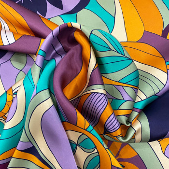 100% silk satin fabric with purple and yellow floral print