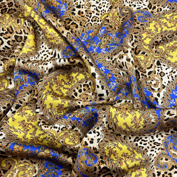 Tissu satin 100% soie imprimé paisley jaune/bleu royal sur fond léopard (3 mètres)