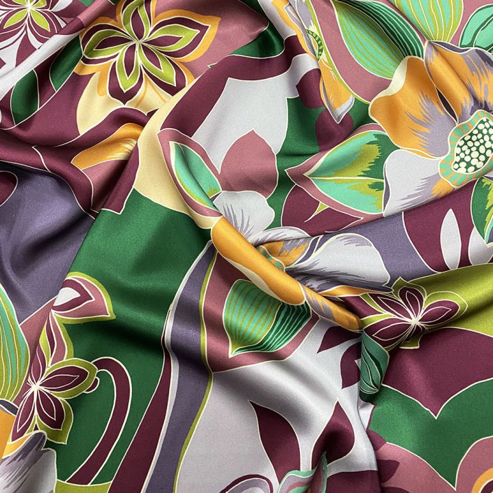 100% silk satin fabric with orange, green and purple floral print (3.50 meters)