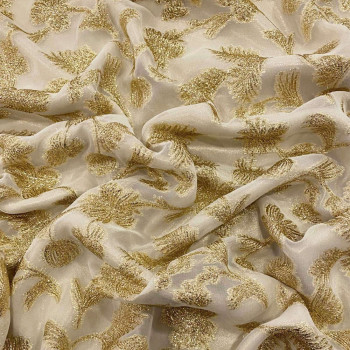 Gold floral fil coupé silk jacquard fabric on ecru voile