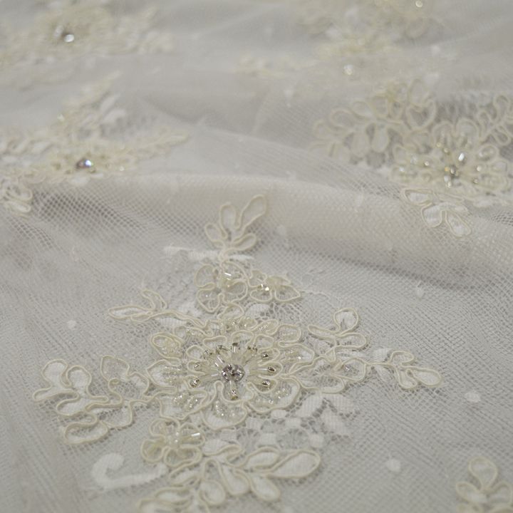 Ivory beaded embroidered tulle fabric (1.90 meters)