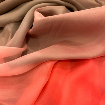 Coral/taupe tie-dye ombre effect 100% silk chiffon fabric