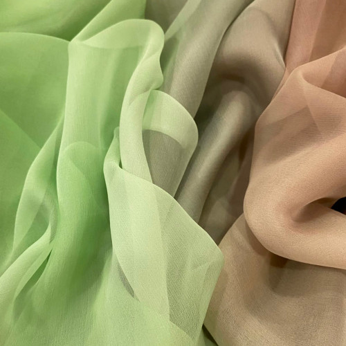 Tissu mousseline 100% soie ombré tie and dye vert sauge/beige