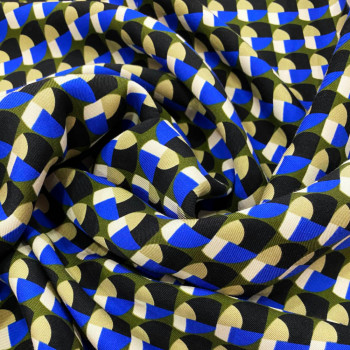 Blue mid-century geometric 100% viscose twill fabric