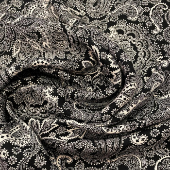 Black-and-white paisley 100% viscose twill fabric