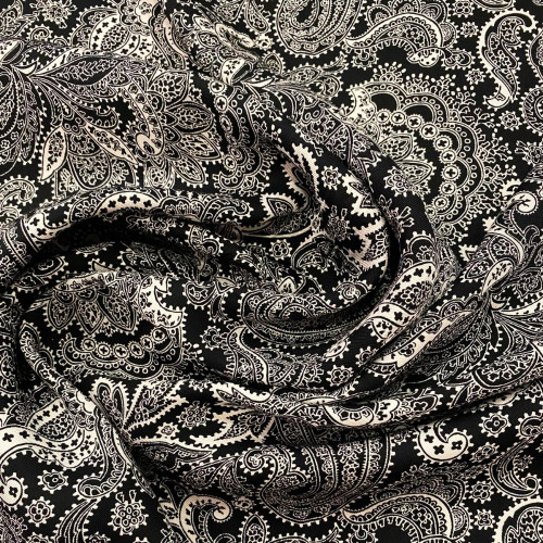 Black-and-white paisley 100% viscose twill fabric