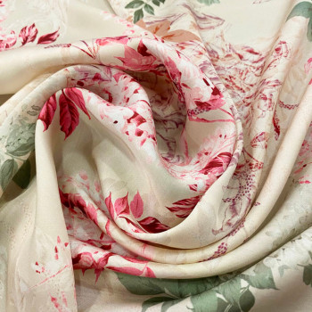 Engraving floral print on raw white 100% viscose satin fabric