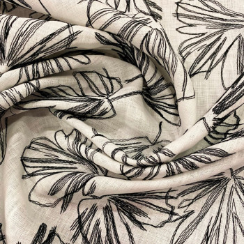 Raw white embroidered 100% linen fabric