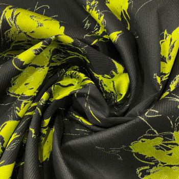 Tissu jacquard de soie floral fil coupé vert anis sur fond noir