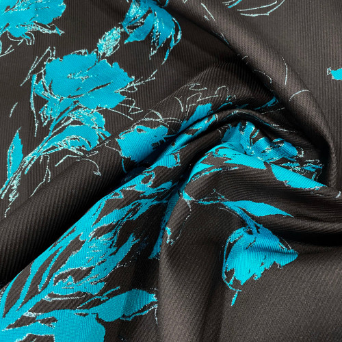 Tissu jacquard de soie floral fil coupé turquoise sur fond noir