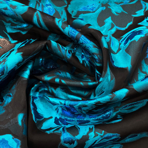 Turquoise blue floral fil coupé on black silk jacquard fabric (3.50 meters)