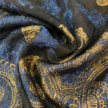 Tissu jacquard de soie organza lamé doré et bleu marine